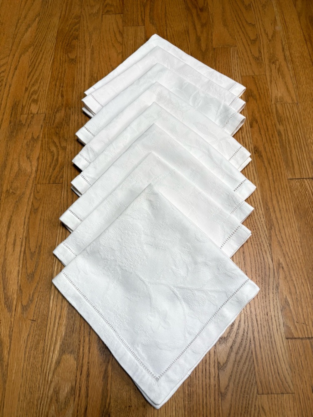 SFERRA Set Of 8 Damask Cotton Linen Hemstitch Dinner Napkins White 20”x20”